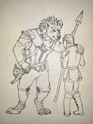 Kholo (Gnoll) pencil sketch glaring at faintly drawn subject in the foreground.