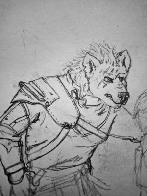 Kholo (Gnoll) pencil sketch glaring at faintly drawn subject in the foreground.